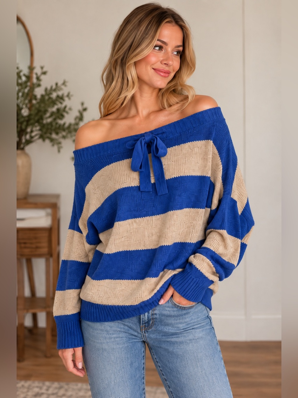 Free People Cassidy Pullover Sweater L Blue Stripe Off Shoulder Linen Cotton